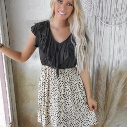 Haptics Ryleigh Black And Leopard Ruffle Neck Dress