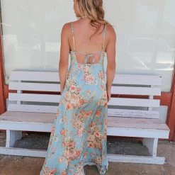 Dress Forum Allison Light Blue Floral Split Leg Maxi Dress Apparel