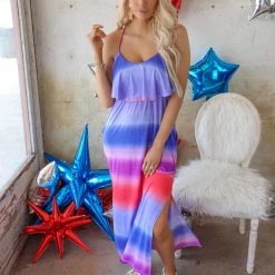 Heimish Julie Coral And Navy Ombre Maxi Dress Apparel