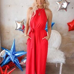 Flying Tomato Apparel Sharlie Red Halter Jumpsuit