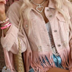 Fantastic Fawn Laurel Blush Distressed Denim Fringe Jacket Apparel
