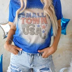Next Level "Small Town Usa" Blue Bleached Graphic Tee