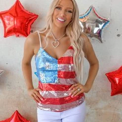 Bibi Apparel American Flag Sequin Spaghetti Strap Tank Top