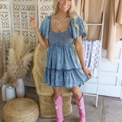Flying Tomato Brylie Smocked Bodice Denim Dress