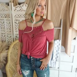 Bibi Elle Marsala Crochet Cold Shoulder Top
