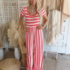 Everet Corrine Dark Coral Striped Jumpsuit Apparel