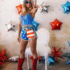 GJG Denim Apparel American Flag Acid Washed Shorts