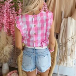 Love Is All Apparel Sammi Pink Checkered Ruffle Tank