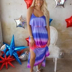 Heimish Julie Coral And Navy Ombre Maxi Dress Apparel