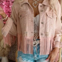 Fantastic Fawn Laurel Blush Distressed Denim Fringe Jacket Apparel
