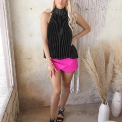 Blue Buttercup Demi Black Pleated Chiffon Halter Top Apparel