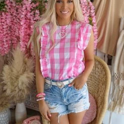 Love Is All Apparel Sammi Pink Checkered Ruffle Tank
