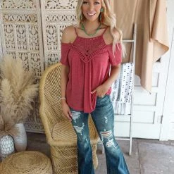 Bibi Elle Marsala Crochet Cold Shoulder Top