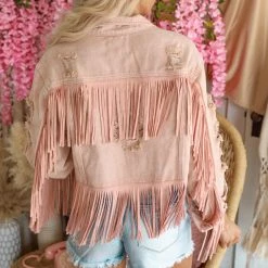 Fantastic Fawn Laurel Blush Distressed Denim Fringe Jacket Apparel