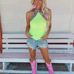 Bibi Apparel Alani Neon Yellow And Leopard Halter Top