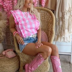 Love Is All Apparel Sammi Pink Checkered Ruffle Tank