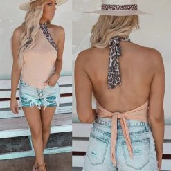 Bibi Payton Peach And Leopard Halter Top Apparel