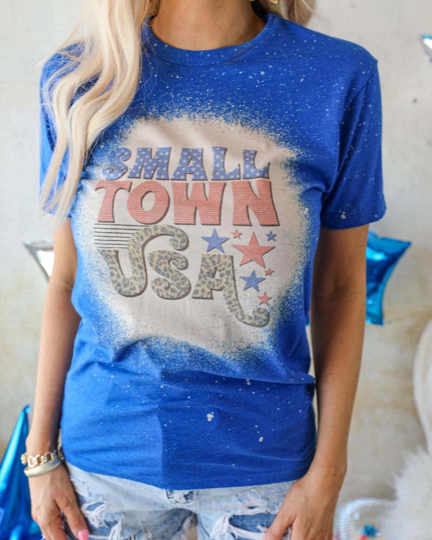 Next Level "Small Town Usa" Blue Bleached Graphic Tee