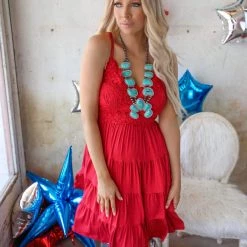 White Birch Mallory Red Crochet Detail Dress