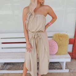 Fantastic Fawn Apparel Layne Beige Open Leg Jumpsuit