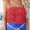 Nylon Apparel Brandi Red Metallic Fringe Crop Top