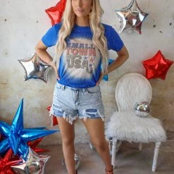 Next Level "Small Town Usa" Blue Bleached Graphic Tee