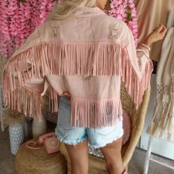 Fantastic Fawn Laurel Blush Distressed Denim Fringe Jacket Apparel