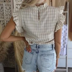 Jodifl Candice Taupe Gingham Ruffle Tank Apparel