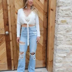 Hidden Brand Leanna White Lace Trim Surplice Crop Top