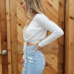 Hidden Brand Leanna White Lace Trim Surplice Crop Top