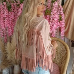 Fantastic Fawn Laurel Blush Distressed Denim Fringe Jacket Apparel