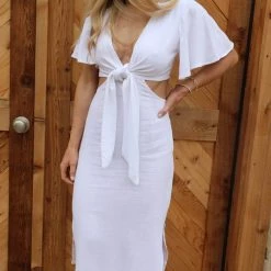 Urban Daizy Yesenia Ivory Cut Out Flutter Sleeve Midi Dress Apparel