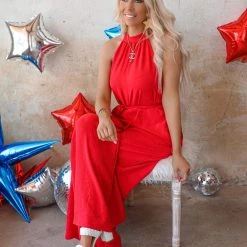 Flying Tomato Apparel Sharlie Red Halter Jumpsuit