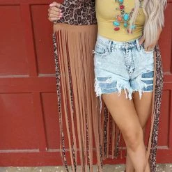 Bibi Apparel Robin Leopard Print Suede Fringe Vest