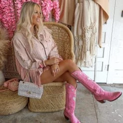 Fantastic Fawn Laurel Blush Distressed Denim Fringe Jacket Apparel