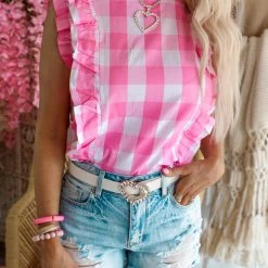 Love Is All Apparel Sammi Pink Checkered Ruffle Tank