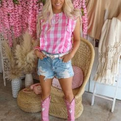 Love Is All Apparel Sammi Pink Checkered Ruffle Tank