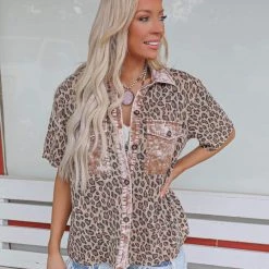 Love Sense Mocha Leopard Mineral Wash Button Up Top