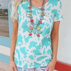Avery Clara Turquoise Cow Print Top Apparel