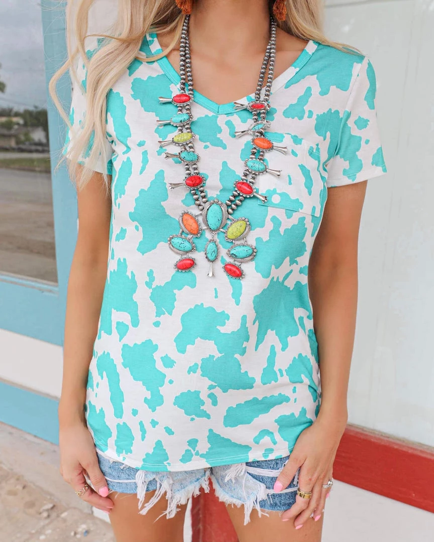 Avery Clara Turquoise Cow Print Top Apparel
