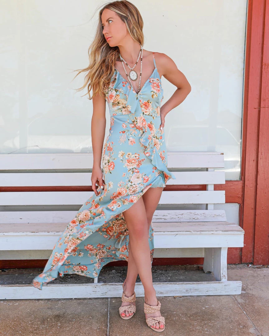 Dress Forum Allison Light Blue Floral Split Leg Maxi Dress Apparel