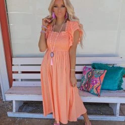 Bibi Apparel Adelaide Peach Ruffle Sleeve Maxi Dress
