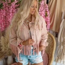Fantastic Fawn Laurel Blush Distressed Denim Fringe Jacket Apparel