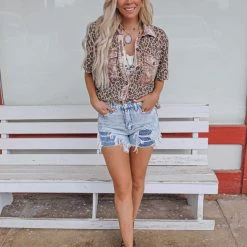 Love Sense Mocha Leopard Mineral Wash Button Up Top