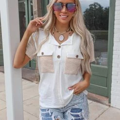 Bibi Sadie Off White And Oatmeal Waffle Top Apparel