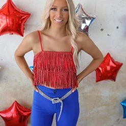 Nylon Apparel Brandi Red Metallic Fringe Crop Top