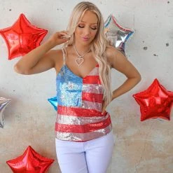 Bibi Apparel American Flag Sequin Spaghetti Strap Tank Top