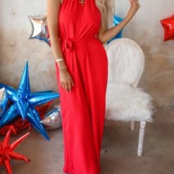 Flying Tomato Apparel Sharlie Red Halter Jumpsuit