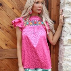 Jodiful Nancy Hot Pink Embroidered Leopard Print Top Apparel