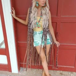 Bibi Apparel Robin Leopard Print Suede Fringe Vest